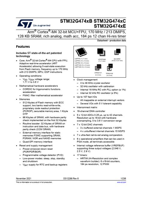 STM32G474RC Datasheet Arm Cortex M4 32b MCU FPU
