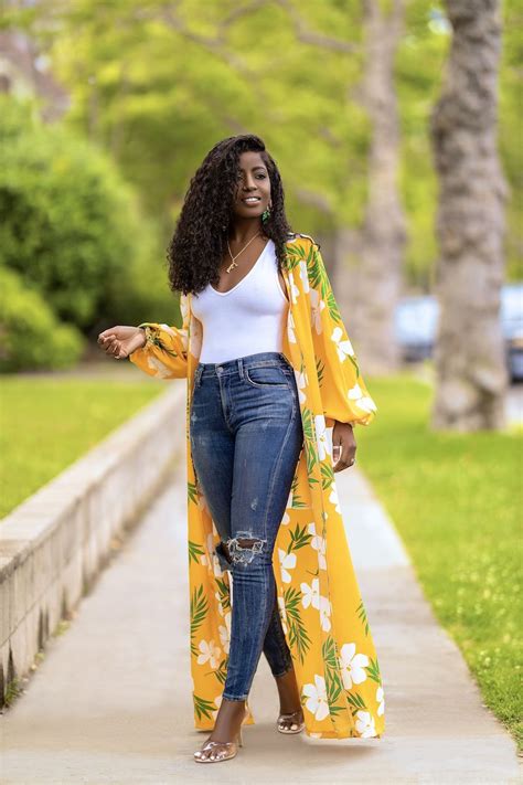 Yellow Floral Print Duster Tank Bodysuit Jeans Bodysuit And Jeans