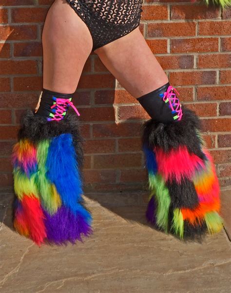 Bright Neon Camo Patchwork Fluffies Leg Warmers Faux Fur Long Pile