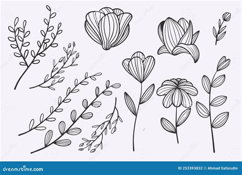 Flower Leaves Doodle Hand Drawn Vector Illustration Set Stock