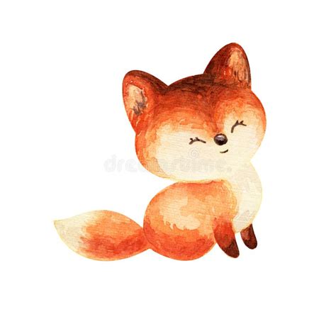 Cute Fluffy Red Fox Hand Painted Watercolor Illustration Stock