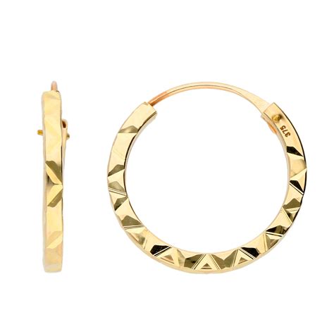 9ct Yellow Gold 15mm Diamond Cut Sleeper Hoop Earrings Buy Online