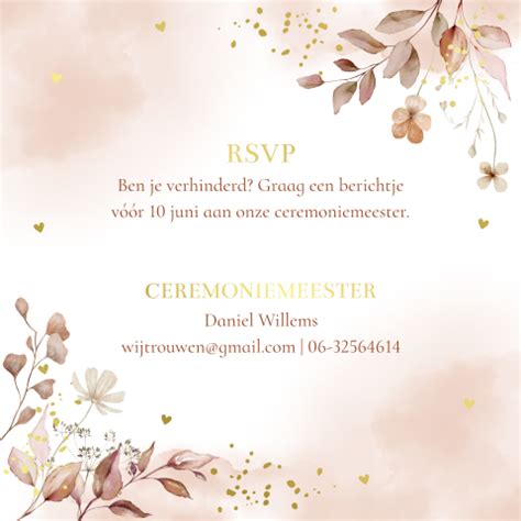 Rsvp Kaartje Huwelijk Watercolour Bloemen Terracotta Goudfolie