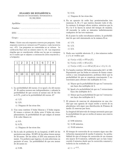 Examen Junio Bdbdjd Examen De Estad Istica Tica Grado En