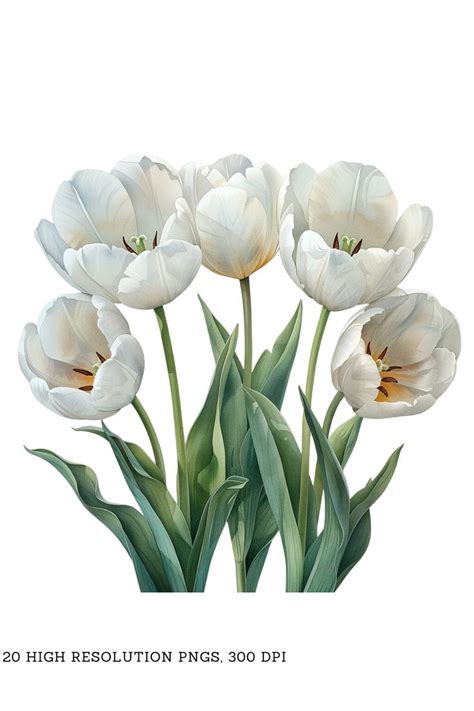 Watercolor White Tulips Clipart Pack Pngs Beautiful Summer Spring