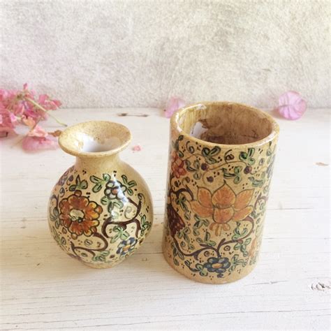 Pair of small vintage Gubbio Italy art pottery vases signed Benedetti, Italian Majolica pottery ...