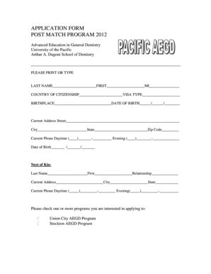 Fillable Online Dental Pacific Post Match Application Form Arthur A