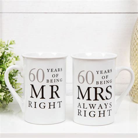 60th Anniversary Gift Set Two Ceramic Mugs Mr Right and Mrs Always ...