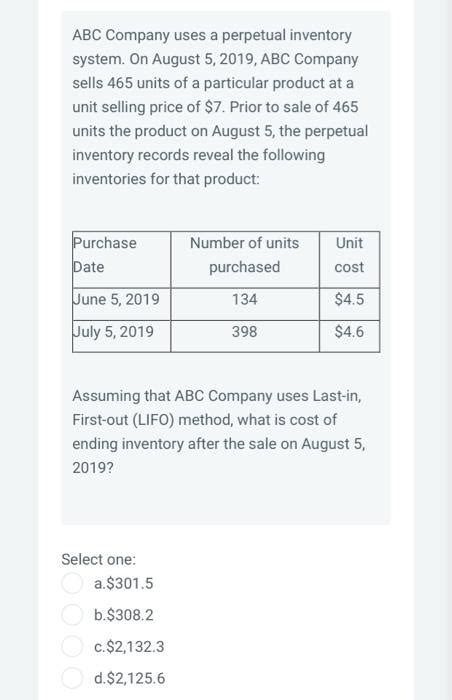 Solved Abc Company Uses A Perpetual Inventory System On Chegg