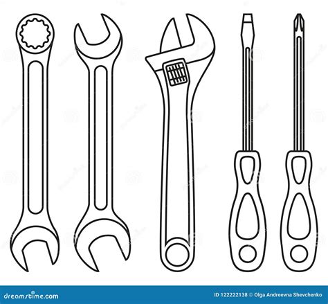 Line Art Black And White Wrench Screwdriver Set Stock Vector