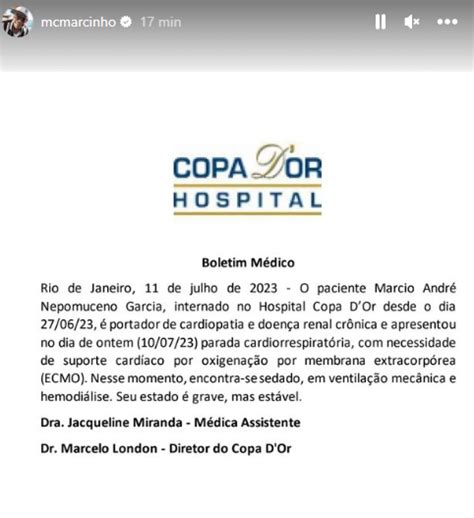 COMO ESTÁ MC MARCINHO HOJE 11 07 Boletim Médico é divulgado saiba O