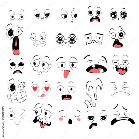 Set Cartoon Faces Expressive Eyes And Mouth Smiling Crying And