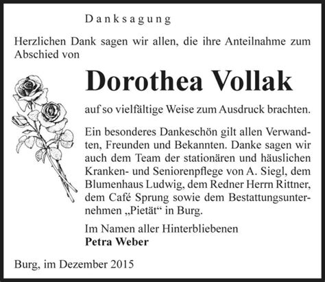 Traueranzeigen Von Dorothea Vollak Abschied Nehmen De