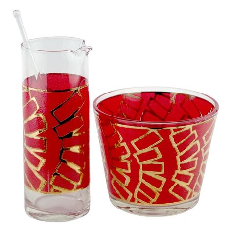 Vintage Red And Gold Glass Ice Bucket And Cocktail Pitcher Set The Hour Pitcher Set Cocktail