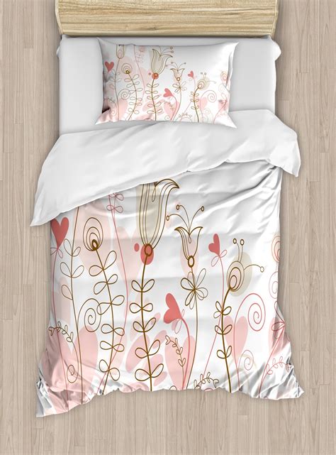 Doodle Twin Size Duvet Cover Set Wedding Themed Floral Illustration