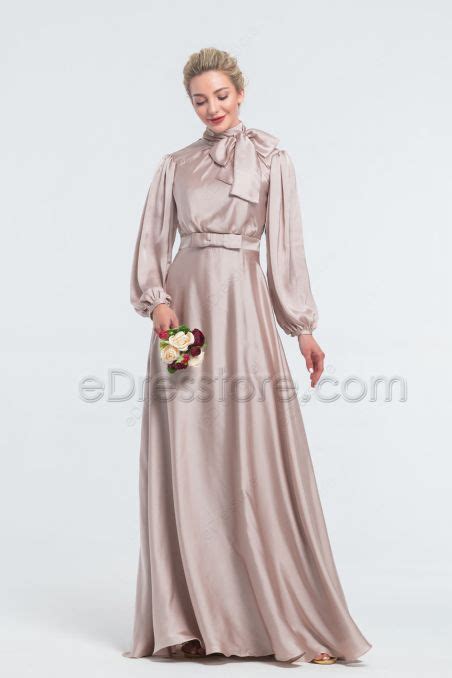 Modest Mormon Champagne Satin Bridesmaid Dresses Long Sleeves Edresstore