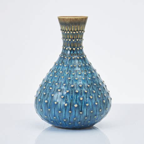 Stig Lindberg Vase Stoneware Turquoise Blue Glaze With Decoration In