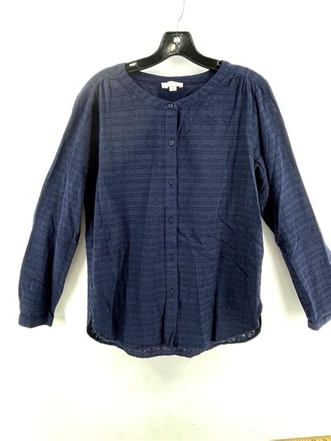 Ann Taylor Loft Button Down Blouse Top Navy Blue Medium Long Sleeves