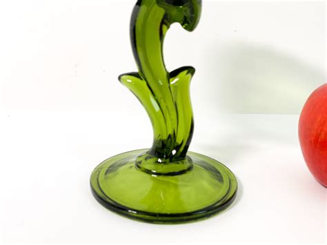 Vintage Green Glass Compote Pedestal Bowl W Curved Leaf Shaped Stem