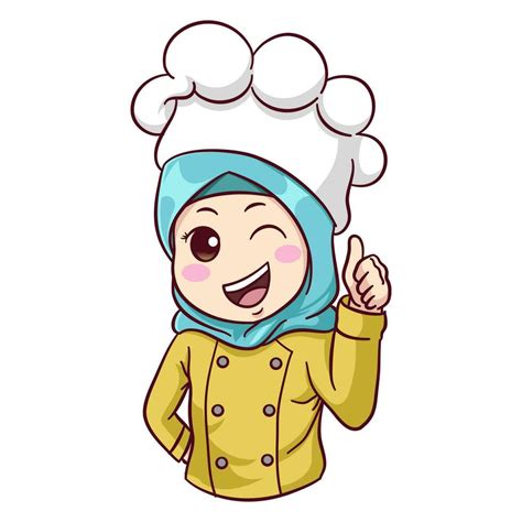 Illustration Cute Muslim Female Chef Wearing A Hijab Giving Thumbs Up