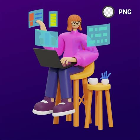 Premium Psd A Woman With A Laptop On Her Lap Is Sitting In A Chair With The Name Png