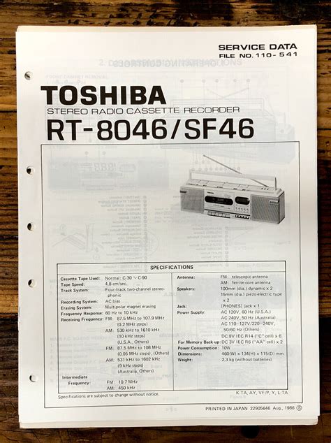 Toshiba Rt 8046 Rt Sf46 Radio Cassette Service Manual Original Ebay