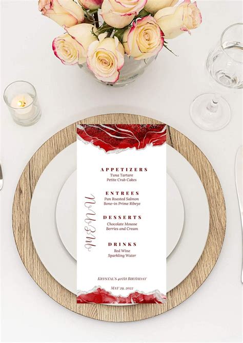 Editable Menu Card Template Red And White Agate Menu Card Etsy