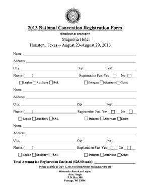 Fillable Online Wilegion 2013 National Convention Registration Form