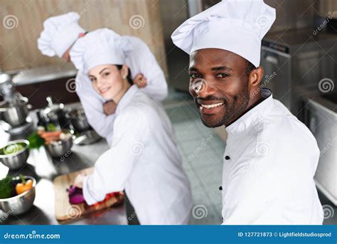 Multiracial Chefs Team Smiling While Cooking Stock Image Image Of