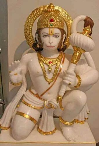 24 Inch White And Golden Marble Sitting Hanuman Statue For Worship At