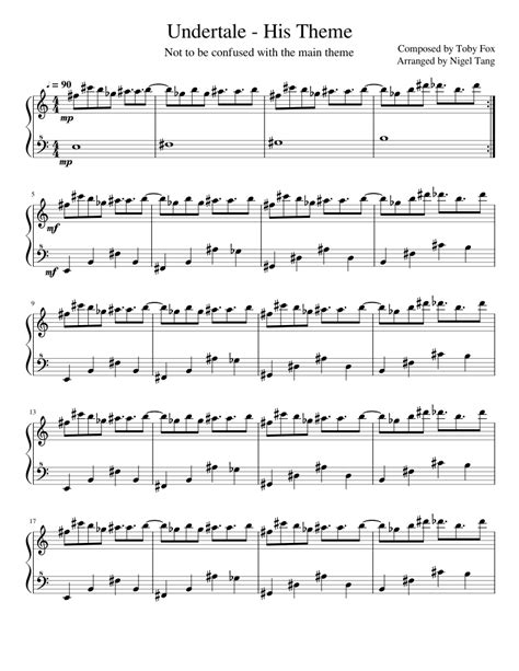 Undertale His Theme Sheet Music For Piano Solo