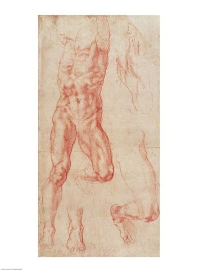 W R Study Of A Male Nude Stretching Upwards By Michelangelo