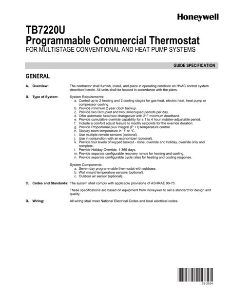 Tb7220u Programmable Commercial Thermostat