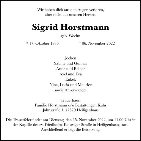 Traueranzeigen Von Sigrid Horstmann Trauer In Nrw De