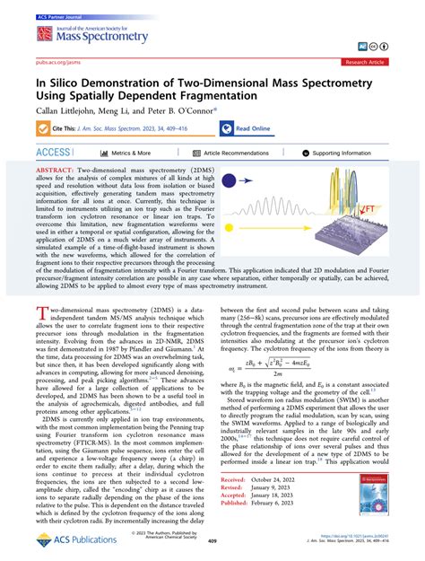 PDF In Silico Demonstration Of Two Dimensional Mass Spectrometry