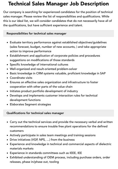 Technical Sales Manager Job Description Velvet Jobs