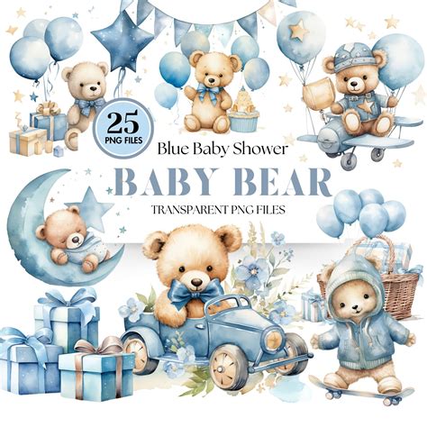 Sweet Baby Boy Blue Teddy Bear Clipart Bundle Gráficos De Baby Shower