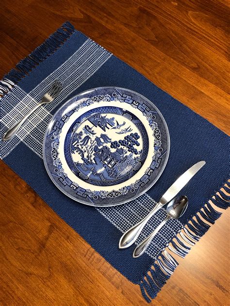 Blue And White Cotton Placemats Set Of 4 Handwoven Placemats Etsy