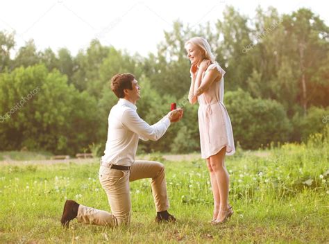 Man Proposing Ring Woman Love Couple Date Wedding Concept Stock