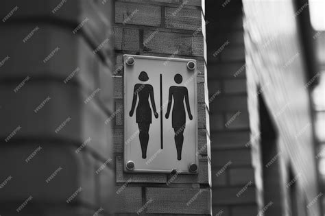 Black and white image of a restroom sign on a brick wall The sign ...