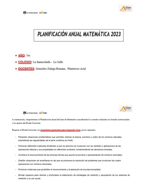 Planificación Anual Matemática 5to Pdf División Matemáticas