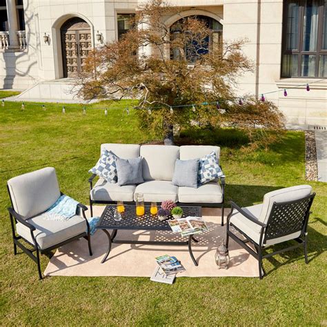 Patio Festival 4 Piece Metal Patio Conversation Set With Gray Cushions