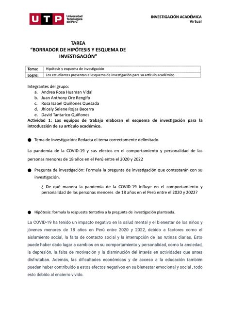 S Tarea Borrador De Hip Tesis Y Esquema De Investigaci N Tarea