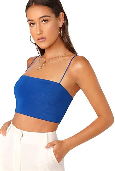 Shein Womens Basic Plain Spaghetti Strap Tube Crop Cami Top Bright Blue Small At Amazon Womens