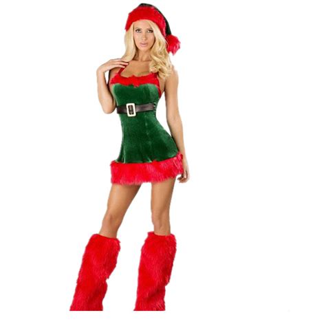 Sexy Lady Green Elf Christmas Costume Years Velvet Uniform Mini