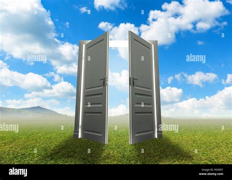 White opened door on nature background Stock Photo - Alamy