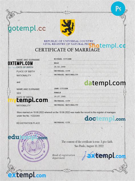 Gloss Universal Marriage Certificate Psd Template Completely