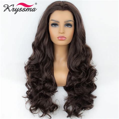 Synthetic Lace Front Wig 24 Inches Widows Peak Long Brown Wavy Wigs