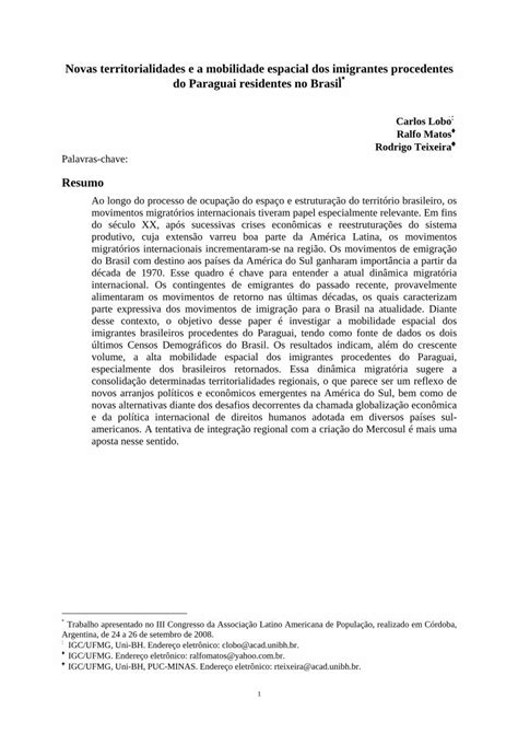 PDF Novas Territorialidades E A Mobilidade Espacial Dos Imigrantes