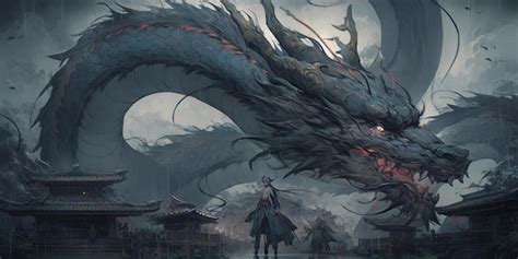 Anime style painting of a dragon with a man standing in front of it ...